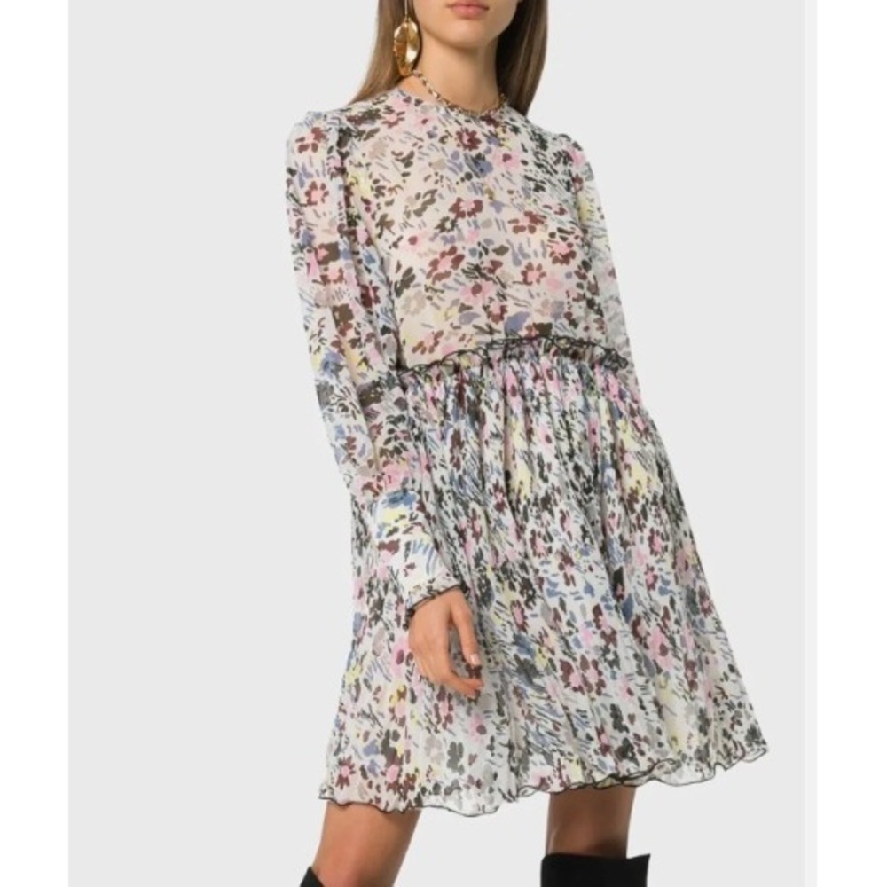 Ganni Georgette Sheer Floral Dress Large White Multi‎ Pleated Mini Scandi Artsy